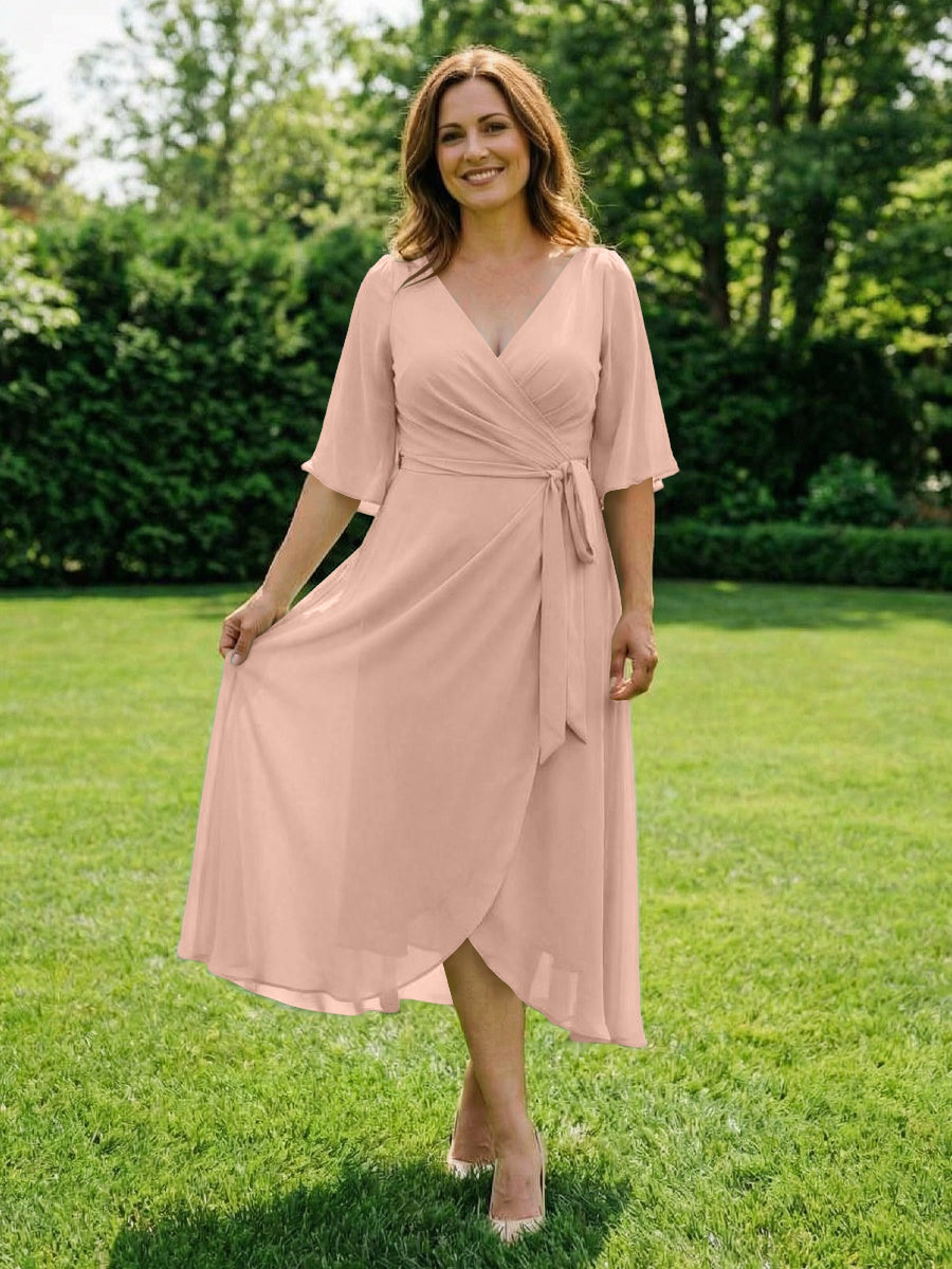 Chiffon V-Neck Ruched Wrap Midi Mother of the Bride Dresses with Half Sleeve Wedding Gowns