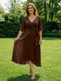 Chiffon V-Neck Ruched Wrap Midi Mother of the Bride Dresses with Half Sleeve Wedding Gowns