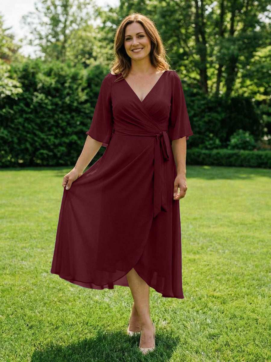 Chiffon V-Neck Ruched Wrap Midi Mother of the Bride Dresses with Half Sleeve Wedding Gowns