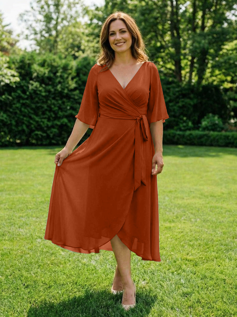Chiffon V-Neck Ruched Wrap Midi Mother of the Bride Dresses with Half Sleeve Wedding Gowns