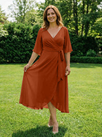 Chiffon V-Neck Ruched Wrap Midi Mother of the Bride Dresses with Half Sleeve Wedding Gowns