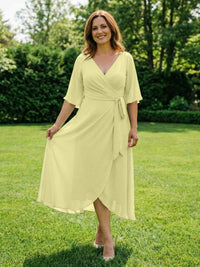 Chiffon V-Neck Ruched Wrap Midi Mother of the Bride Dresses with Half Sleeve Wedding Gowns