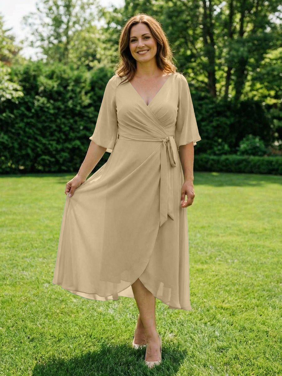 Chiffon V-Neck Ruched Wrap Midi Mother of the Bride Dresses with Half Sleeve Wedding Gowns