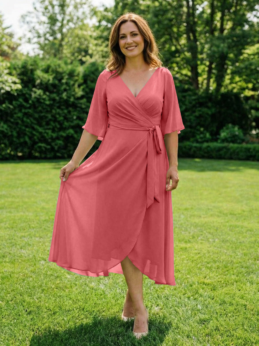 Chiffon V-Neck Ruched Wrap Midi Mother of the Bride Dresses with Half Sleeve Wedding Gowns
