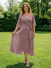 Chiffon V-Neck Ruched Wrap Midi Mother of the Bride Dresses with Half Sleeve Wedding Gowns