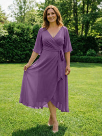 Chiffon V-Neck Ruched Wrap Midi Mother of the Bride Dresses with Half Sleeve Wedding Gowns