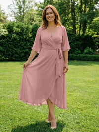 Chiffon V-Neck Ruched Wrap Midi Mother of the Bride Dresses with Half Sleeve Wedding Gowns