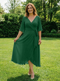 Chiffon V-Neck Ruched Wrap Midi Mother of the Bride Dresses with Half Sleeve Wedding Gowns