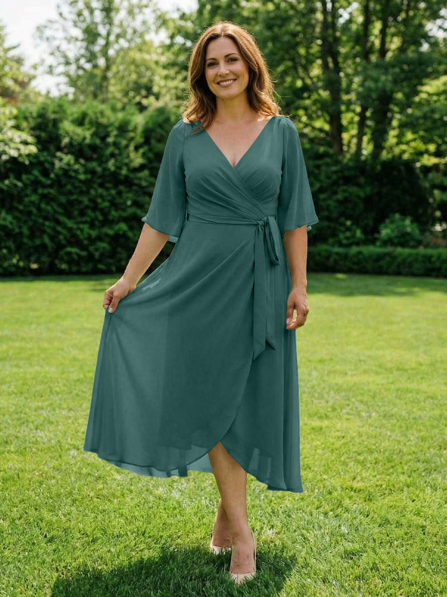 Chiffon V-Neck Ruched Wrap Midi Mother of the Bride Dresses with Half Sleeve Wedding Gowns