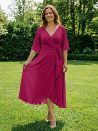 Chiffon V-Neck Ruched Wrap Midi Mother of the Bride Dresses with Half Sleeve Wedding Gowns