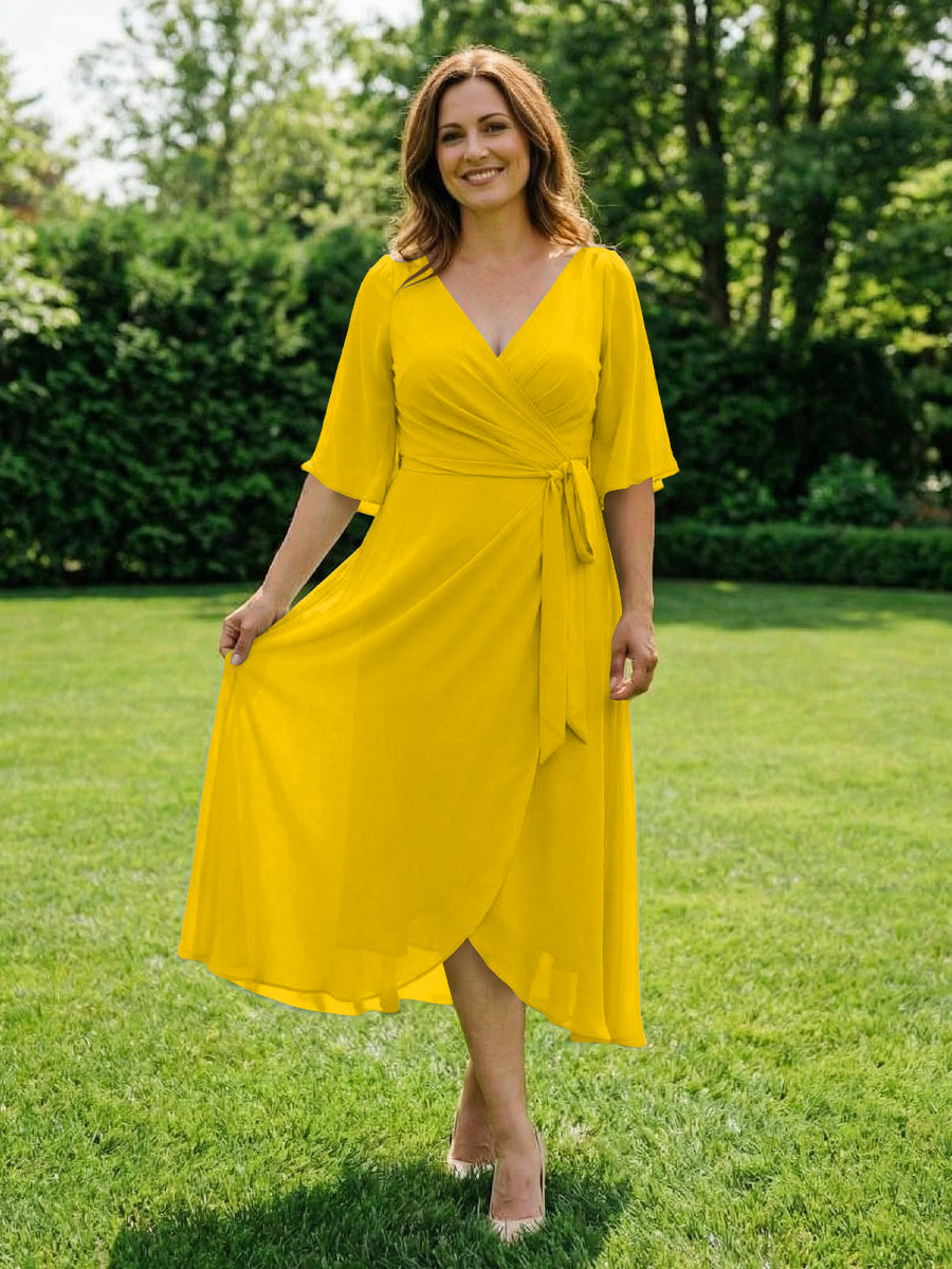 Chiffon V-Neck Ruched Wrap Midi Mother of the Bride Dresses with Half Sleeve Wedding Gowns