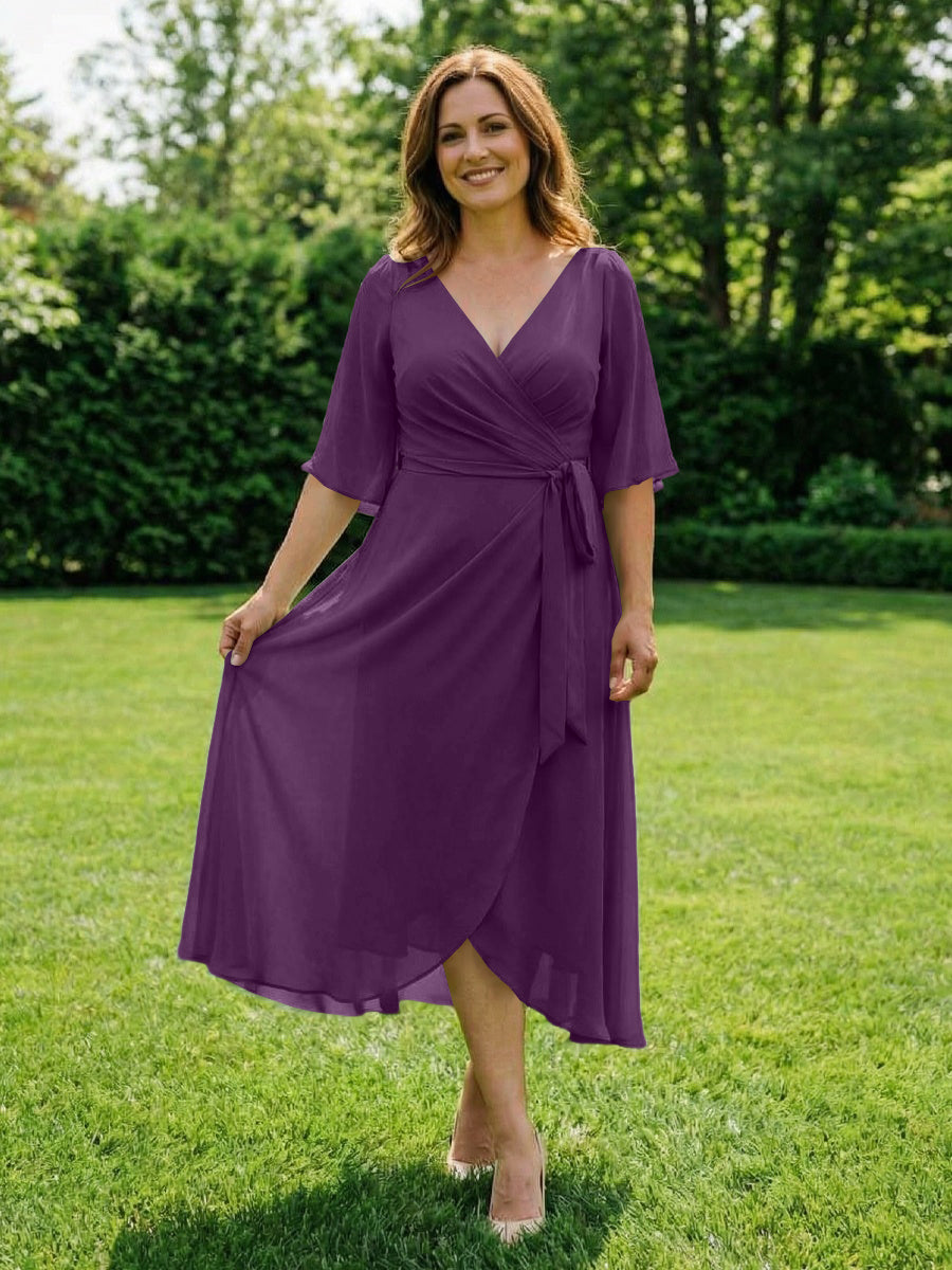 Chiffon V-Neck Ruched Wrap Midi Mother of the Bride Dresses with Half Sleeve Wedding Gowns