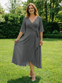 Chiffon V-Neck Ruched Wrap Midi Mother of the Bride Dresses with Half Sleeve Wedding Gowns