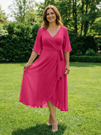 Chiffon V-Neck Ruched Wrap Midi Mother of the Bride Dresses with Half Sleeve Wedding Gowns