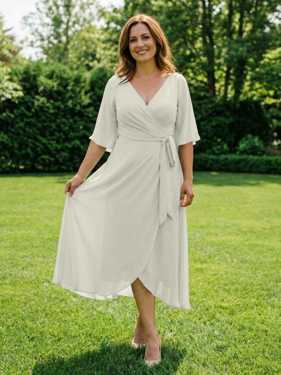Chiffon V-Neck Ruched Wrap Midi Mother of the Bride Dresses with Half Sleeve Wedding Gowns