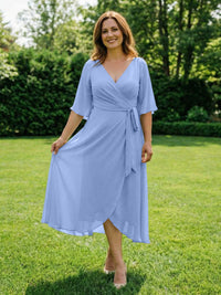 Chiffon V-Neck Ruched Wrap Midi Mother of the Bride Dresses with Half Sleeve Wedding Gowns