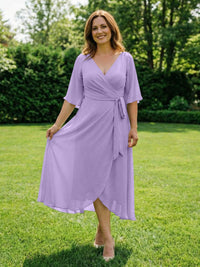 Chiffon V-Neck Ruched Wrap Midi Mother of the Bride Dresses with Half Sleeve Wedding Gowns