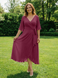 Chiffon V-Neck Ruched Wrap Midi Mother of the Bride Dresses with Half Sleeve Wedding Gowns