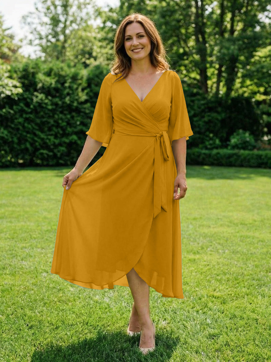 Chiffon V-Neck Ruched Wrap Midi Mother of the Bride Dresses with Half Sleeve Wedding Gowns