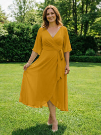 Chiffon V-Neck Ruched Wrap Midi Mother of the Bride Dresses with Half Sleeve Wedding Gowns