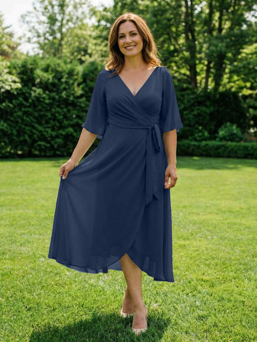 Chiffon V-Neck Ruched Wrap Midi Mother of the Bride Dresses with Half Sleeve Wedding Gowns