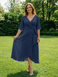 Chiffon V-Neck Ruched Wrap Midi Mother of the Bride Dresses with Half Sleeve Wedding Gowns