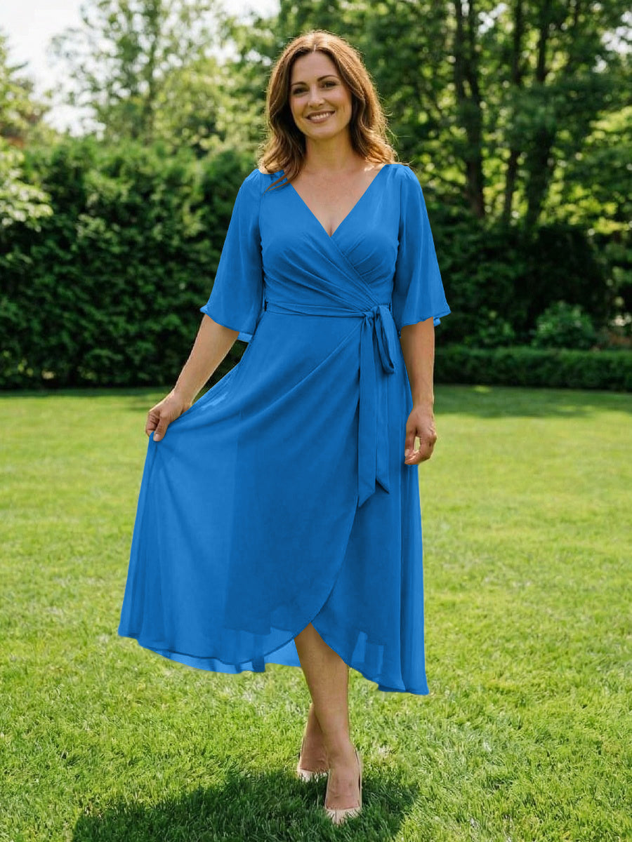 Chiffon V-Neck Ruched Wrap Midi Mother of the Bride Dresses with Half Sleeve Wedding Gowns