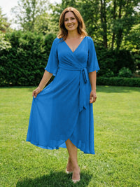 Chiffon V-Neck Ruched Wrap Midi Mother of the Bride Dresses with Half Sleeve Wedding Gowns