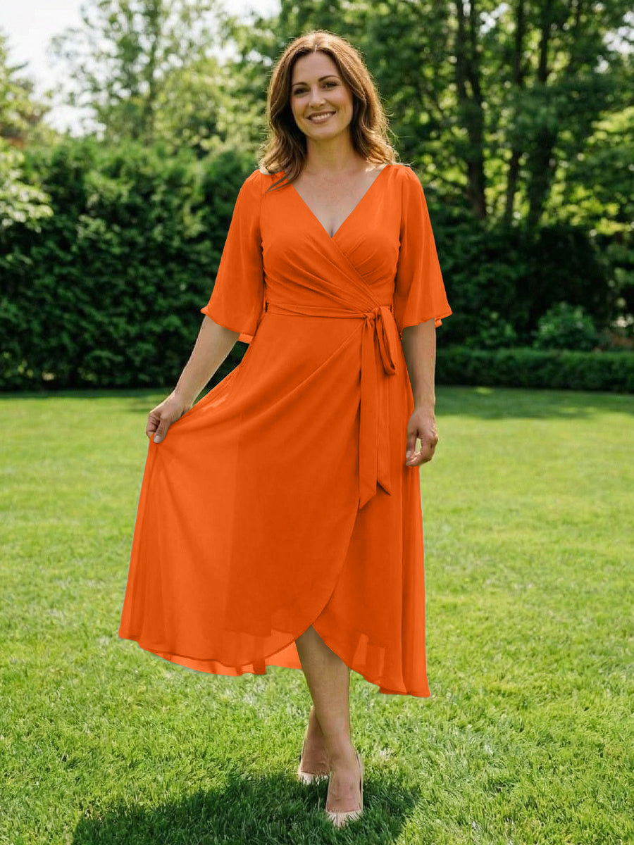 Chiffon V-Neck Ruched Wrap Midi Mother of the Bride Dresses with Half Sleeve Wedding Gowns