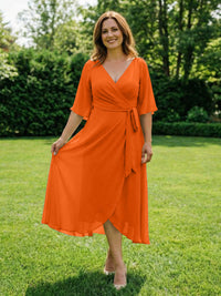 Chiffon V-Neck Ruched Wrap Midi Mother of the Bride Dresses with Half Sleeve Wedding Gowns