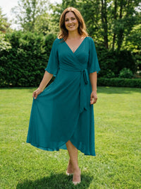 Chiffon V-Neck Ruched Wrap Midi Mother of the Bride Dresses with Half Sleeve Wedding Gowns