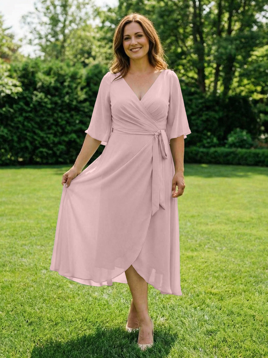 Chiffon V-Neck Ruched Wrap Midi Mother of the Bride Dresses with Half Sleeve Wedding Gowns
