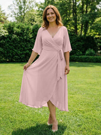 Chiffon V-Neck Ruched Wrap Midi Mother of the Bride Dresses with Half Sleeve Wedding Gowns