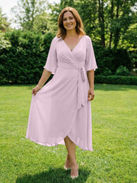 Chiffon V-Neck Ruched Wrap Midi Mother of the Bride Dresses with Half Sleeve Wedding Gowns