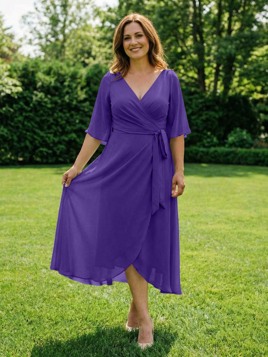 Chiffon V-Neck Ruched Wrap Midi Mother of the Bride Dresses with Half Sleeve Wedding Gowns