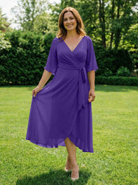 Chiffon V-Neck Ruched Wrap Midi Mother of the Bride Dresses with Half Sleeve Wedding Gowns