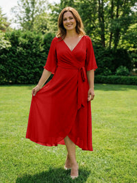 Chiffon V-Neck Ruched Wrap Midi Mother of the Bride Dresses with Half Sleeve Wedding Gowns