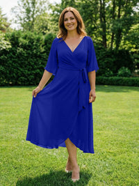 Chiffon V-Neck Ruched Wrap Midi Mother of the Bride Dresses with Half Sleeve Wedding Gowns