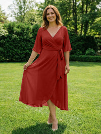 Chiffon V-Neck Ruched Wrap Midi Mother of the Bride Dresses with Half Sleeve Wedding Gowns