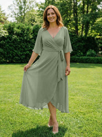 Chiffon V-Neck Ruched Wrap Midi Mother of the Bride Dresses with Half Sleeve Wedding Gowns