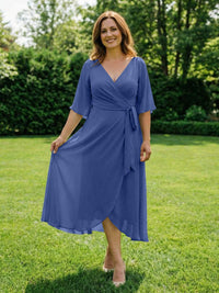 Chiffon V-Neck Ruched Wrap Midi Mother of the Bride Dresses with Half Sleeve Wedding Gowns
