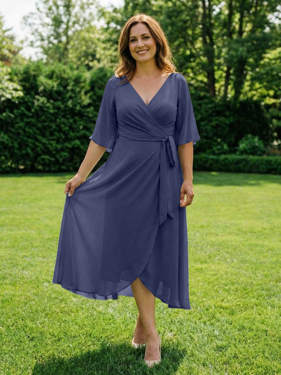Chiffon V-Neck Ruched Wrap Midi Mother of the Bride Dresses with Half Sleeve Wedding Gowns