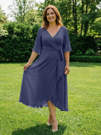 Chiffon V-Neck Ruched Wrap Midi Mother of the Bride Dresses with Half Sleeve Wedding Gowns