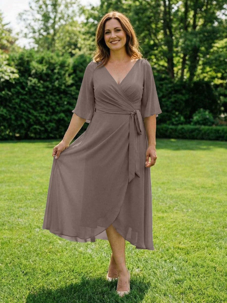Chiffon V-Neck Ruched Wrap Midi Mother of the Bride Dresses with Half Sleeve Wedding Gowns