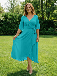 Chiffon V-Neck Ruched Wrap Midi Mother of the Bride Dresses with Half Sleeve Wedding Gowns