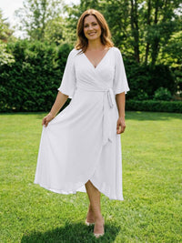 Chiffon V-Neck Ruched Wrap Midi Mother of the Bride Dresses with Half Sleeve Wedding Gowns
