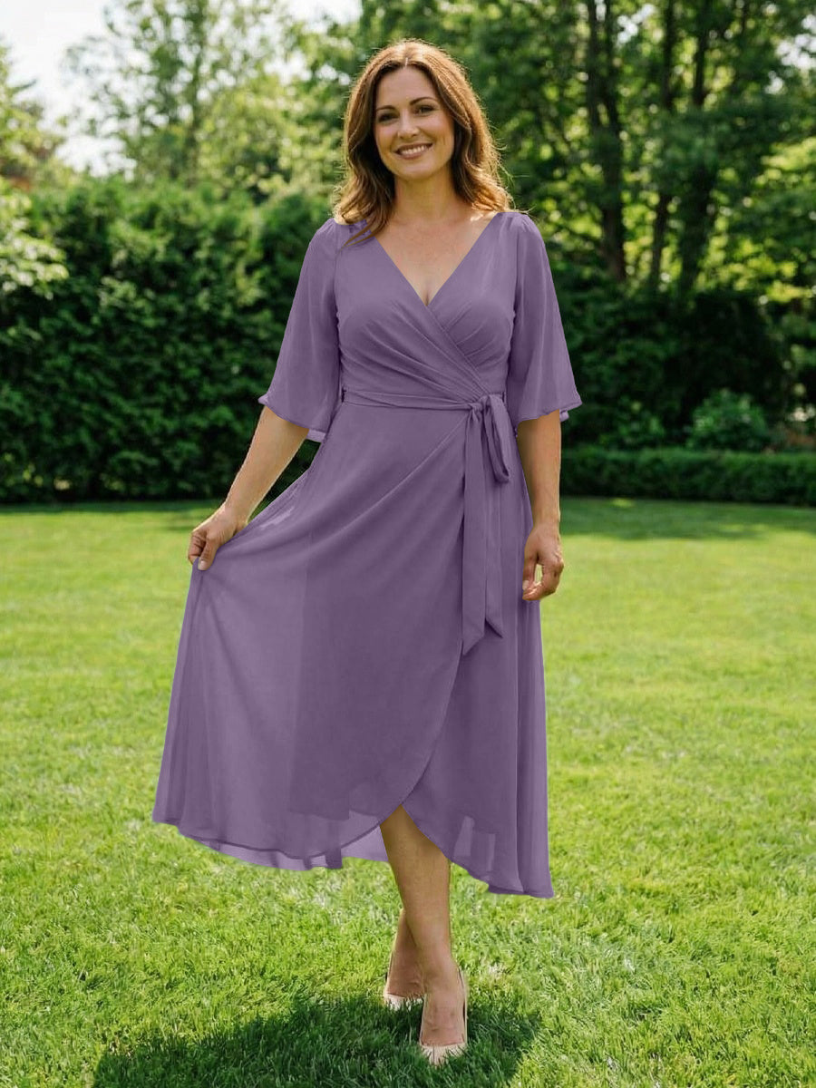 Chiffon V-Neck Ruched Wrap Midi Mother of the Bride Dresses with Half Sleeve Wedding Gowns