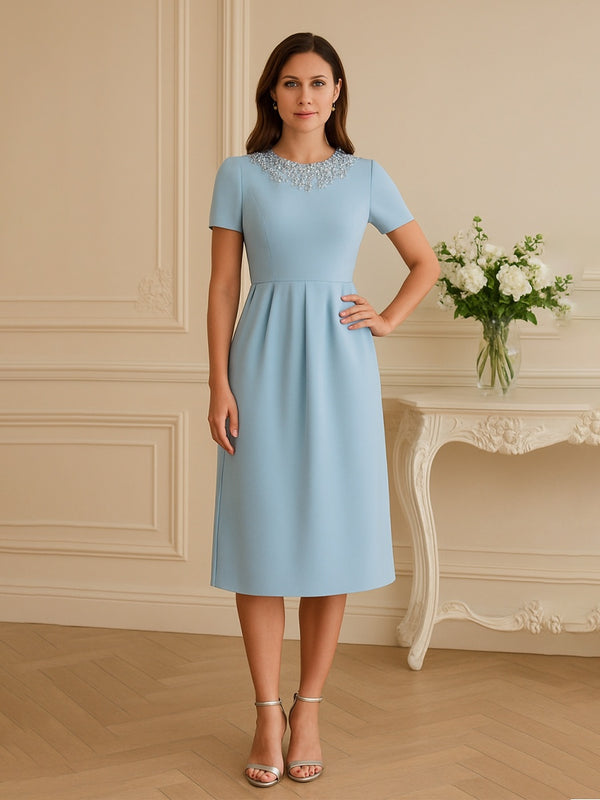 Beads Applique Short Sleeve Knee-Length Mother of the Bride Dresses Satin Formal Dress