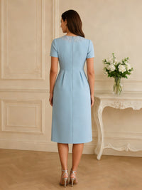 Beads Applique Short Sleeve Knee-Length Mother of the Bride Dresses Satin Formal Dress