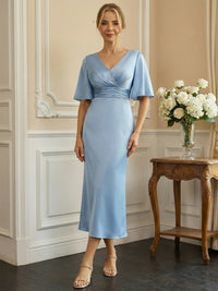 Sheath Short Sleeve V-Neck Ruched Midi Satin Mother of the Bride Dresses